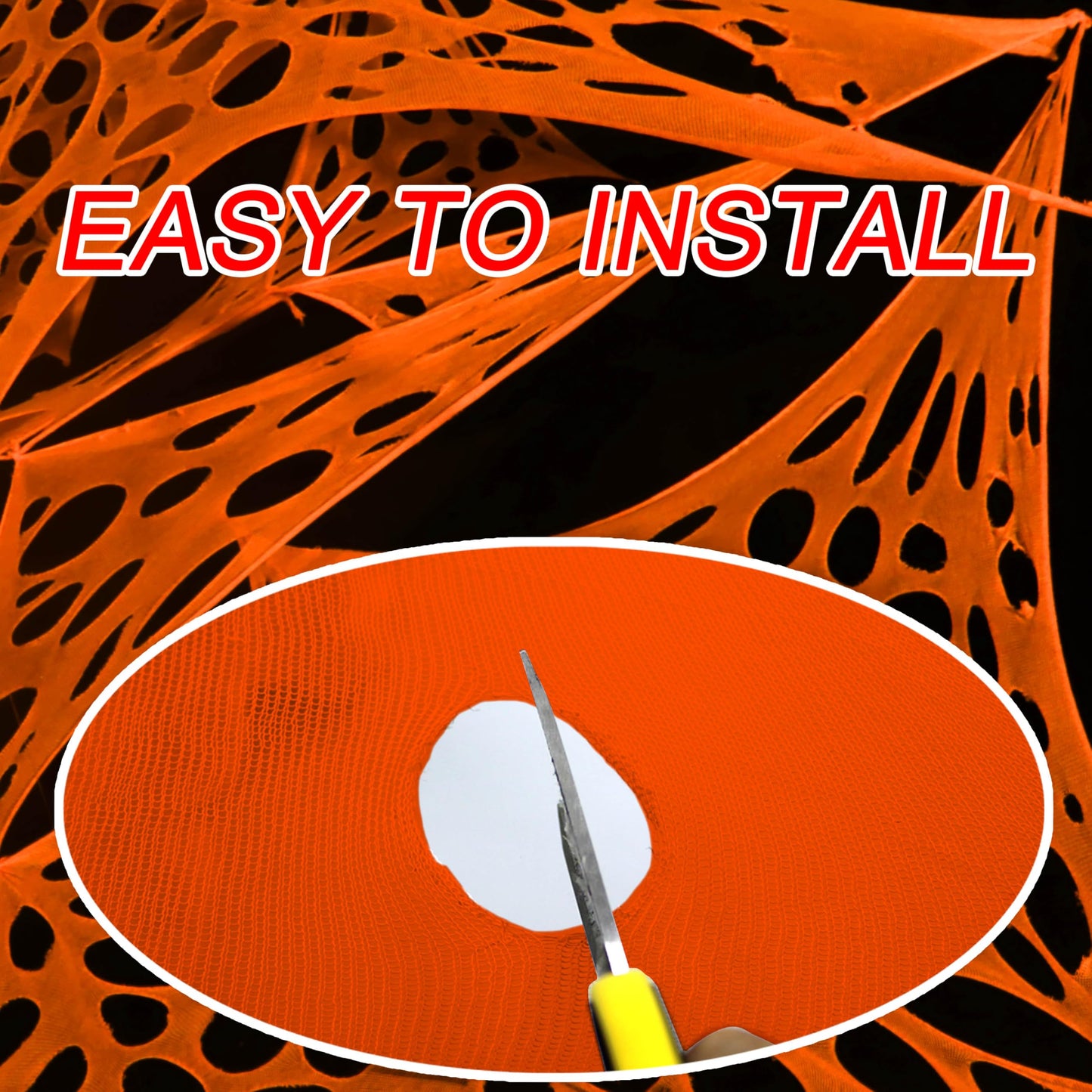 YHFUISK 700 Sqft Giant Durable Spider Web Halloween Decorative Outdoor, Beef Web for Glow in The Dark Spider Web, Orange Giant Spider Outdoor Decor Set,with 3 Blacklight (24FT x 4FT)
