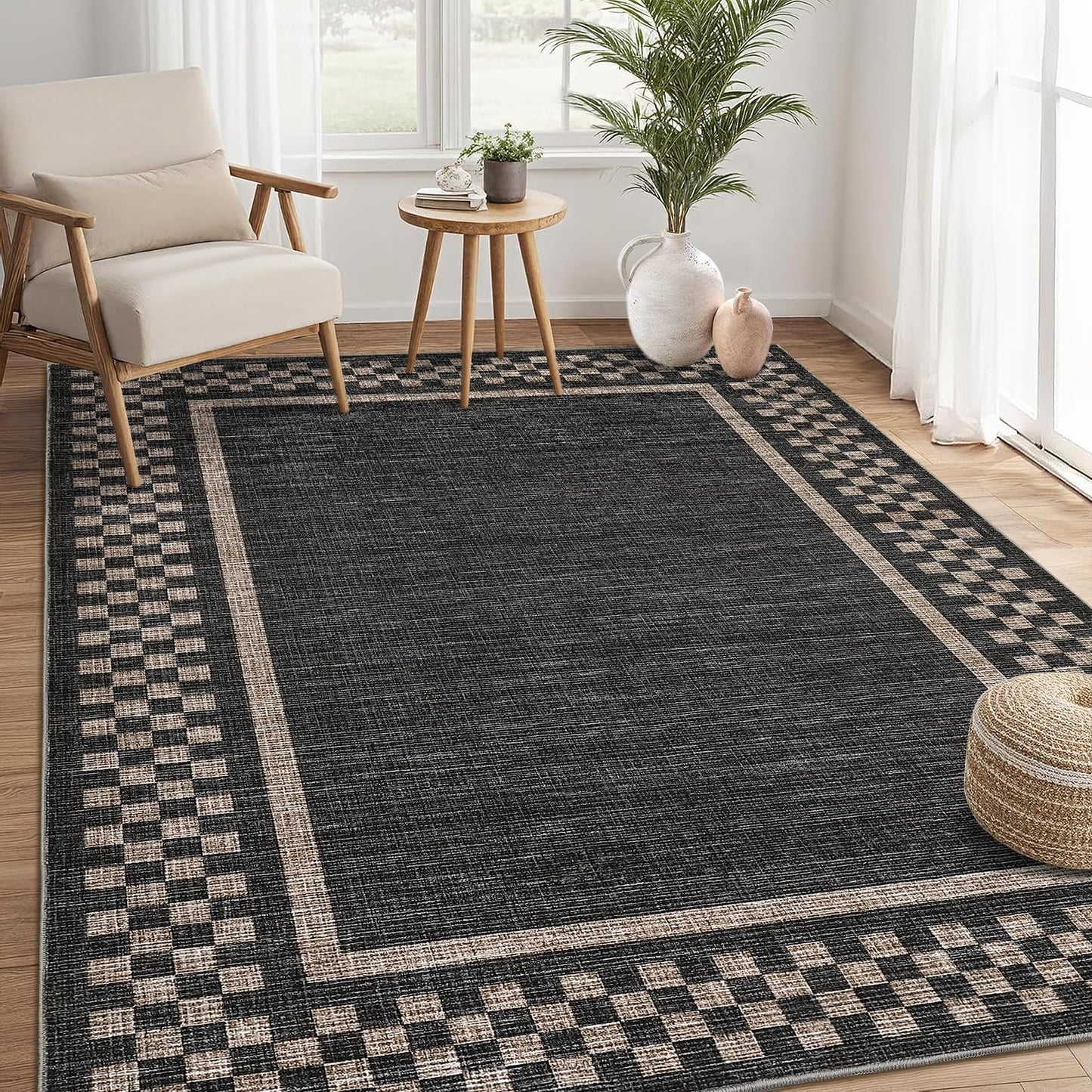 Small Bedroom Area Rug 3x5 Checkered Area Rug for Living Room Nursery Non Slip Kitchen Throw Carpet Low Pile Modern Bordered Rugs Washable Bathroom Mat Soft Brown Rugs for Laundry Entryway, Black