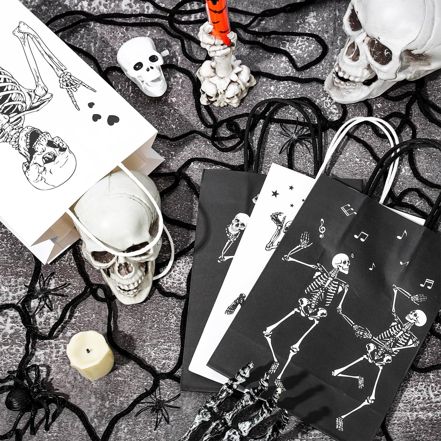 Whaline Halloween Skull Paper Gift Bags Black White Funny Dancing Skeleton Goodie Candy Treat Bag Skull Theme Handbags for Halloween Trick or Treat Party Favor Supplies, 16Pcs