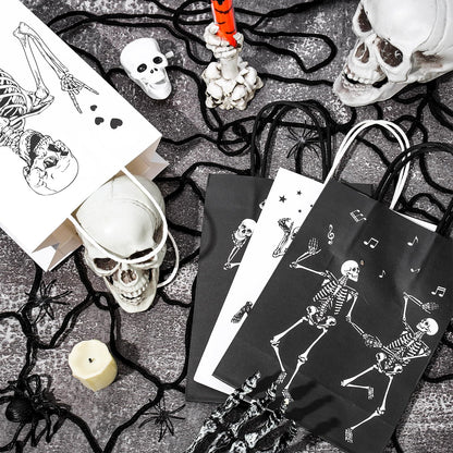 Whaline Halloween Skull Paper Gift Bags Black White Funny Dancing Skeleton Goodie Candy Treat Bag Skull Theme Handbags for Halloween Trick or Treat Party Favor Supplies, 16Pcs