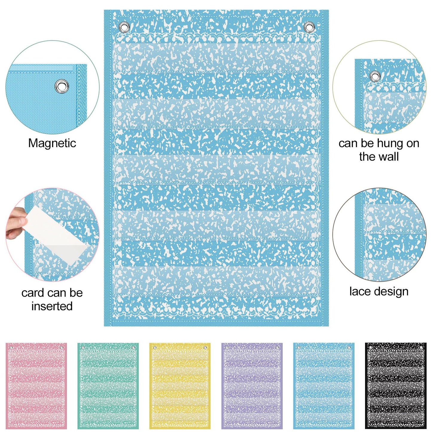 Gueevin 6 Set Magnetic Pocket Chart with 5 Clear Pockets and 30 Dry Erase Cards Painted Classroom Schedule Pocket Chart for Whiteboard Class Demonstrations (Pastel Color,Confetti Pattern)