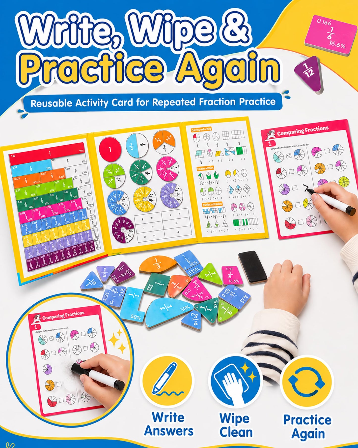 Magnetic Fraction Educational Puzzle, Magnetic Fraction Demonstration Book with Fraction Tiles & Circles, Montessori Fraction Manipulatives for Elementary School, Hands-On Math Learning Toys for Kids