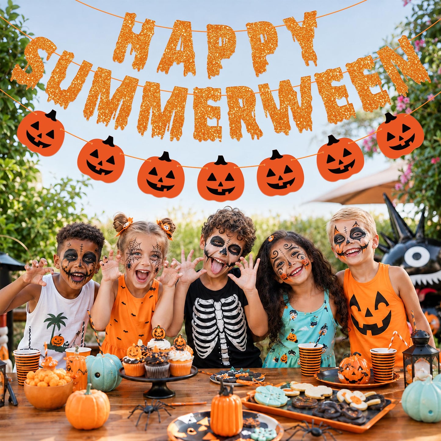 Happy Summerween Banner, Pre-Strung Summerween Party Decorations Glitter Summer Ween Hanging Banner Pumpkins Garland Halloween in Summer Decor Spooky Birthday Party Supplies for Home Office