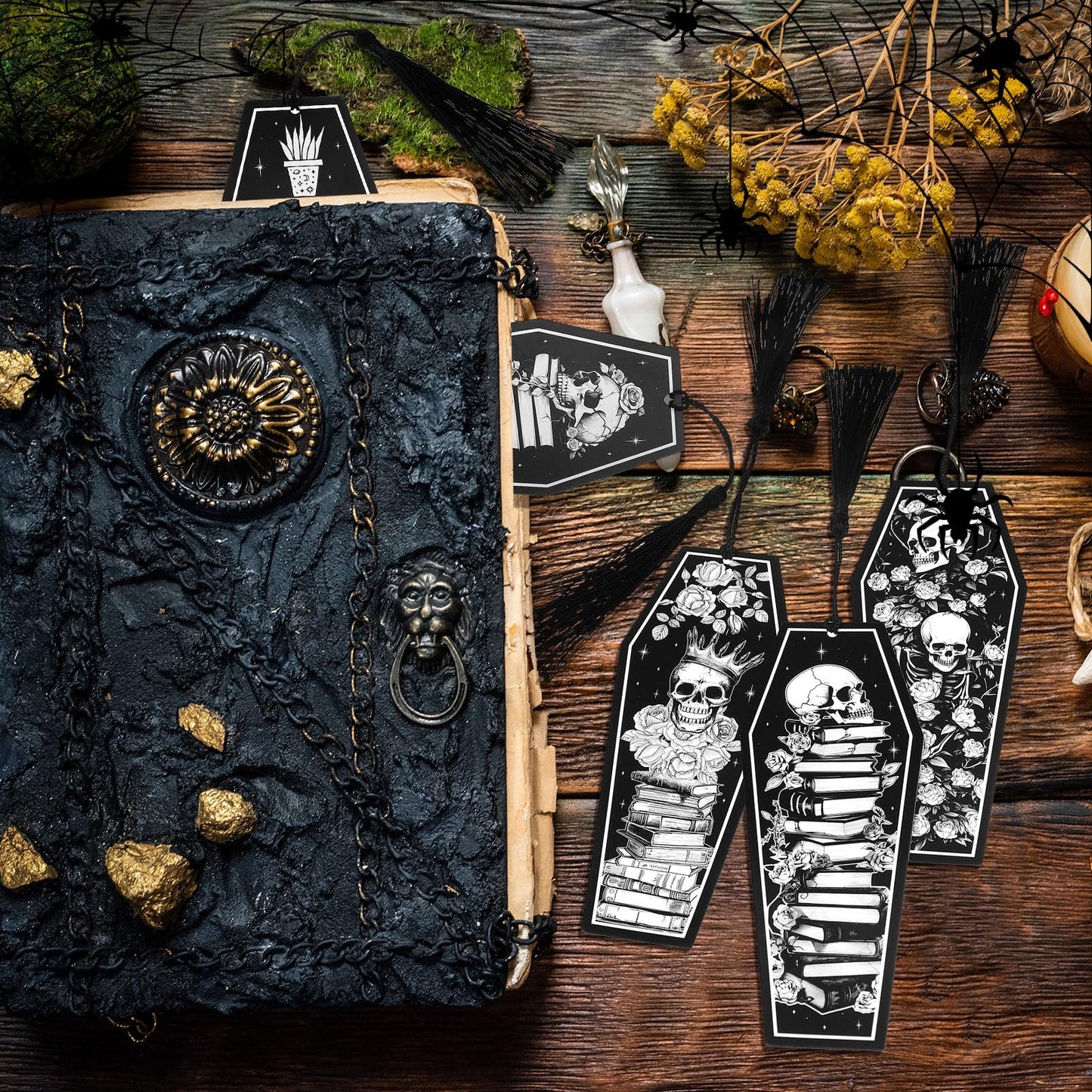 Kolldenn 120 Pcs 12 Styles Halloween Gothic Skeleton Coffin Bookmarks Double Sided Book Tracker Skull Horror Bookmark Gothic Book Marker with Black Tassels for Reading Lovers Gifts Accessories