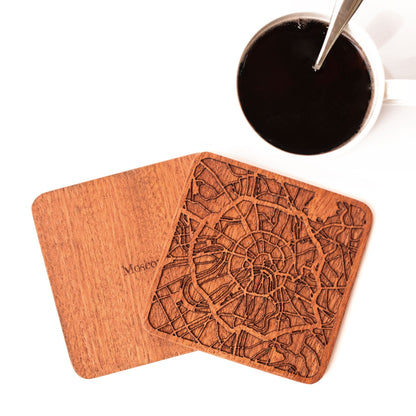 Moscow Map Coaster by O3 Design Studio, Set Of 4, Sapele Wooden Coaster With City Map, Handmade