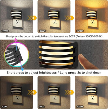 JandCase LED Night Lights Plug into Wall, [2 Pack] Night Light with 3 Colors 3000K-5000K-Amber, 3 Level Brightness Adjustable Plug in Night Light, Dusk to Dawn Nightligts for Adults Bedroom Bathroom