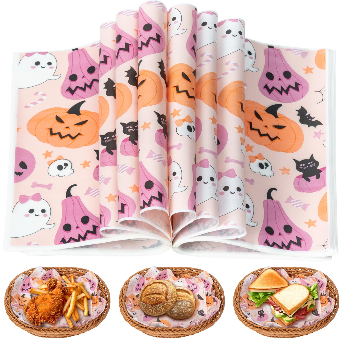 GROBRO7 Halloween Wax Paper Sheets - 150Pcs Pink Ghosts Pumpkins Bats Deli Papers, 9.8 x 8.3in Greaseproof Waterproof Food Wrap Disposable Sandwich Picnic Basket Liner Halloween Party Kitchen Supplies