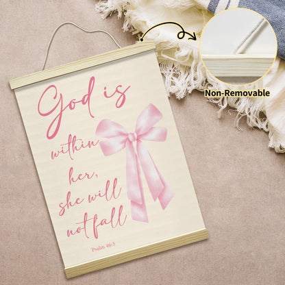 Pink Bow Coquette Poster Hanger Frame, God is within Her Bible Verse Christian Posters Canvas Wall Art for Women Girls Dorm Bedroom Decor, 12x16 Inches -029