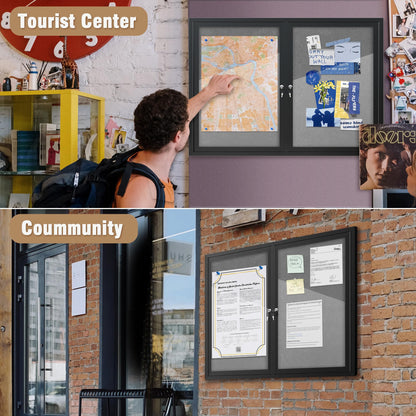 Mifuro 48"x34" Enclosed Bulletin Board, Outdoor Lockable Weather-Resistant Aluminum Cork Noticeboard for School & Office, Black Frame w/Grey Flet