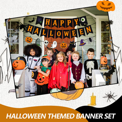 Happy Halloween Banner Garland – Black and Orange Hanging Decoration with Pumpkins, Ghost, Skull, Cat, Witch Hat, Bat, and Spider for Halloween Party, Classroom, Home, Wall, and Photo Booth Decor