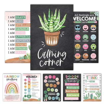 Hadley Designs 8 Calming Corner Posters for Classroom Must Haves -Calm Down Corner Supplies with Emotions Chart,School Counselor Mental Health Poster,Feelings Chart For Kids, Farmhouse Classroom Decor