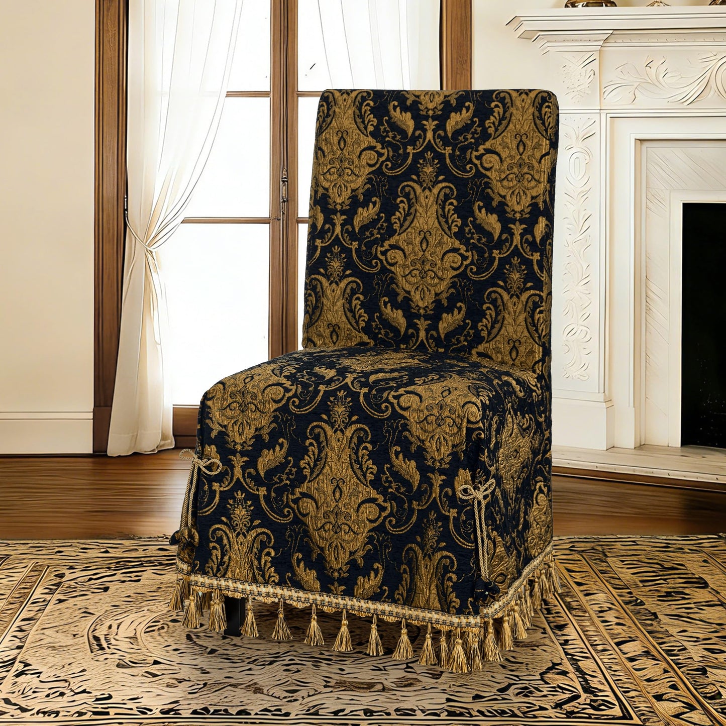 Loom and Mill 1 Piece Luxury Dining Chair Cover, Classic Damask Jacquard Dining Room Parsons Chair Covers with Tassels & Ties, Non Slip Full Cover Protector for Halloween Holiday Party Decor(Black)