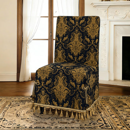 Loom and Mill 1 Piece Luxury Dining Chair Cover, Classic Damask Jacquard Dining Room Parsons Chair Covers with Tassels & Ties, Non Slip Full Cover Protector for Halloween Holiday Party Decor(Black)
