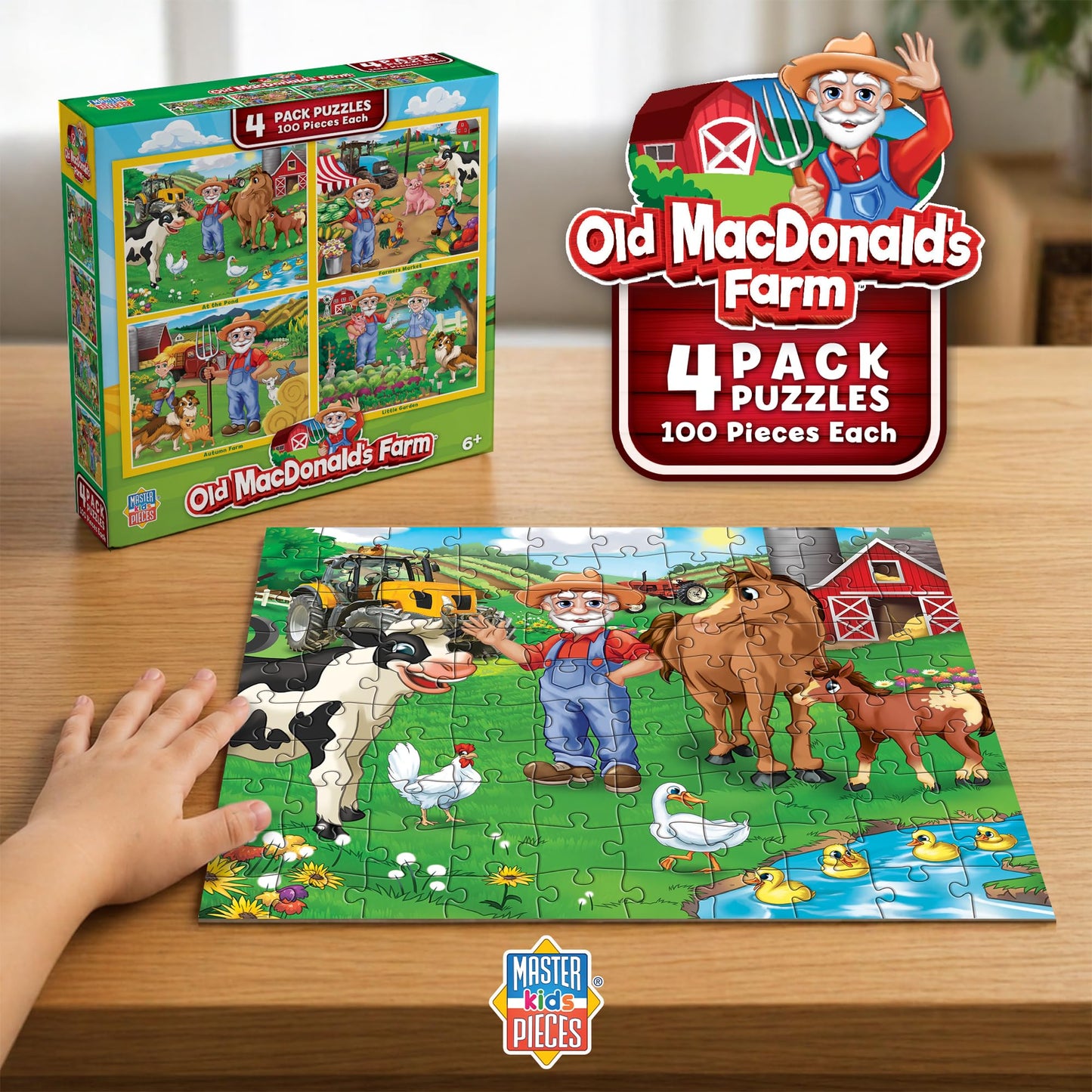 MasterPieces – Jigsaw Puzzle Set for Kids 6+ Years, 4-Pack of 100 Pieces, Educational and Fun Game, Old Macdonald’s Farm Collection, Gift Idea for Children, 8" x 10"
