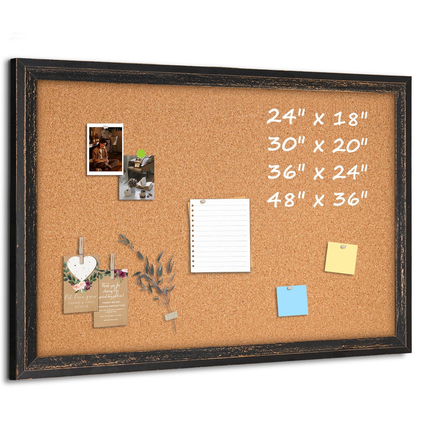 QUEENLINK Cork Bulletin Board 36" x 24", Wall Mounted Cork Board with Black Rustic Wooden Frame, Decorative Pin Board for Office, Home & Classroom Decor, White