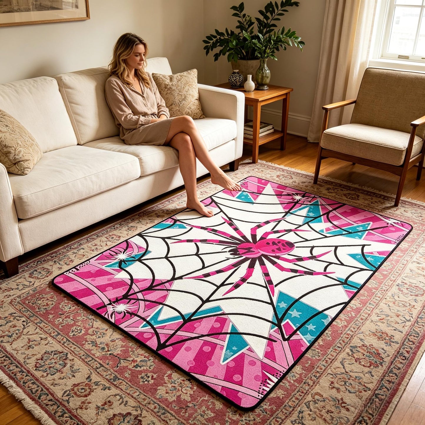 Manfei Pink Spider Kids Area Rug,Black Spider Web Halloween Gothic Trippy Indoor Floor Mat Entrance Rug for Girls Boys,Stars Stripe Geometric Non Slip Rug,Unique Couch Living Room Decor,5'x6'6''