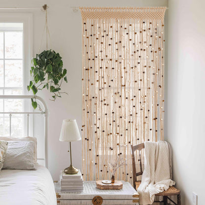 BECHAEO Macrame Beaded Curtain Boho Handmade Cotton Door String Curtain for Doorway Window Wooden Beads Hanging Hippie Room Divider Closet Bedroom Privacy Decor, 1 Panel 79" x 35"
