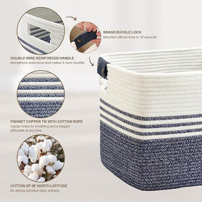 45L Small Laundry Basket with Leather Handles for Living Room Storage, Woven Rope Baskets Bin for Blanket, Kids Toy, Gifts, Wicker Hamper for Bedroom Dirty Clothes, 18"x14"x11" Denim Blue