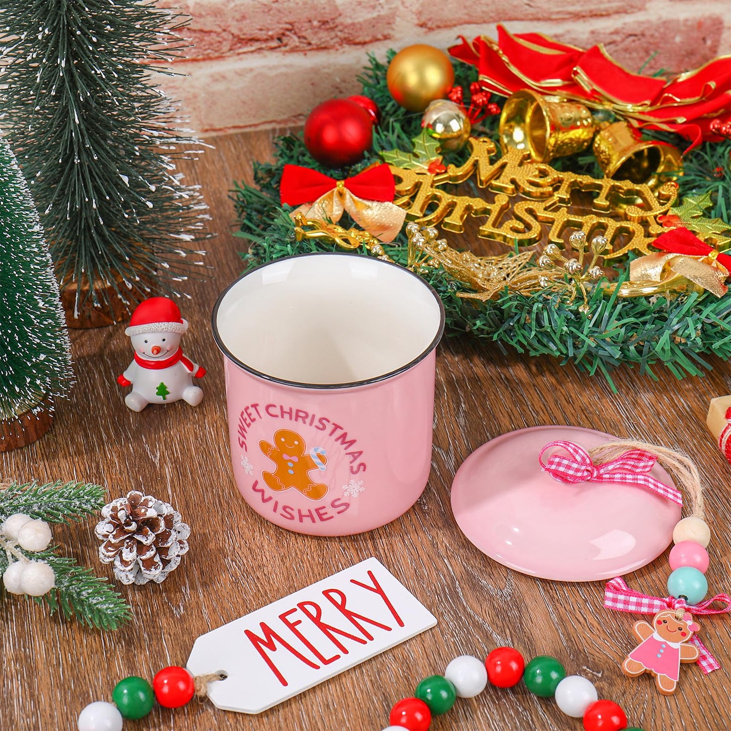 JarThenaAMCS Christmas Mini Ceramic Canister Mini Jar Pink Brown Gingerbread Man Candy Bowl with Lid Buffalo Plaid Bow Wooden Beads for Xmas Winter Home Table Centerpiece Decor Storage Accessory