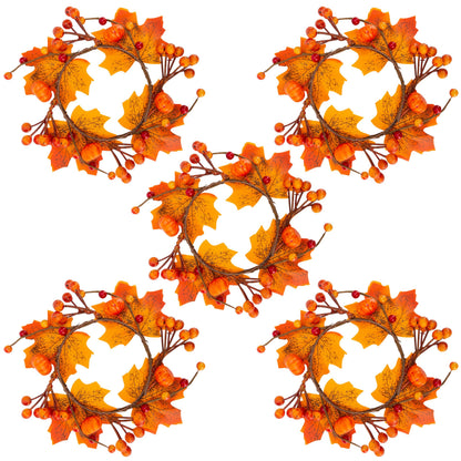 5Pcs Fall Mini Wreath 4.7 Inch/12cm Taper Candle Rings Artificial Pumpkin Maple Leaf Holder with Berries Christmas Autumn Harvest Wreaths for Pillar Halloween Thanksgiving Wedding Table Home Decor