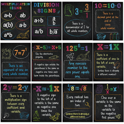 AmazingSpark 24 Pcs Math Posters for Middle School Algebra Classroom Bulletin Board Decor Fractions Mathematics Classroom Banner Decorations for Teachers Manipulatives(Black,Blackboard Style)
