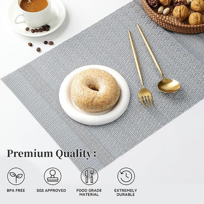 Leetaltree Lunar Grey Placemats Set of 12 - Heat Resistant Non-Slip Place mats for Dining Table, Washable Durable PVC Vinyl Woven Table Mats（Lunar Grey, 12）