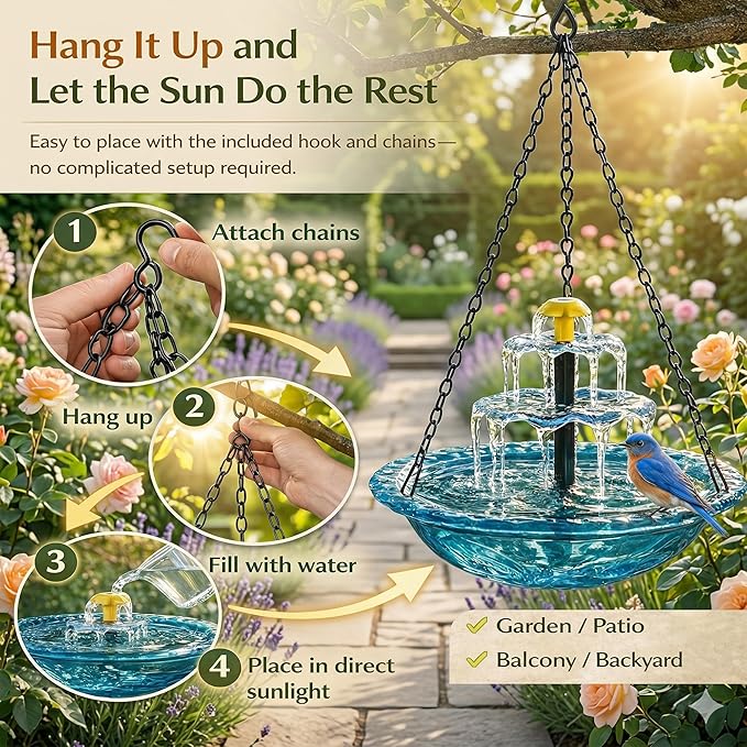 Solar Powered Hanging Bird Bath, Vibrant Blue Multi-Tier Waterfall Fountain for Outside, Easy to Hang Bird Oasis for Garden Decoration, Balcony, for Bird Lovers (Red)