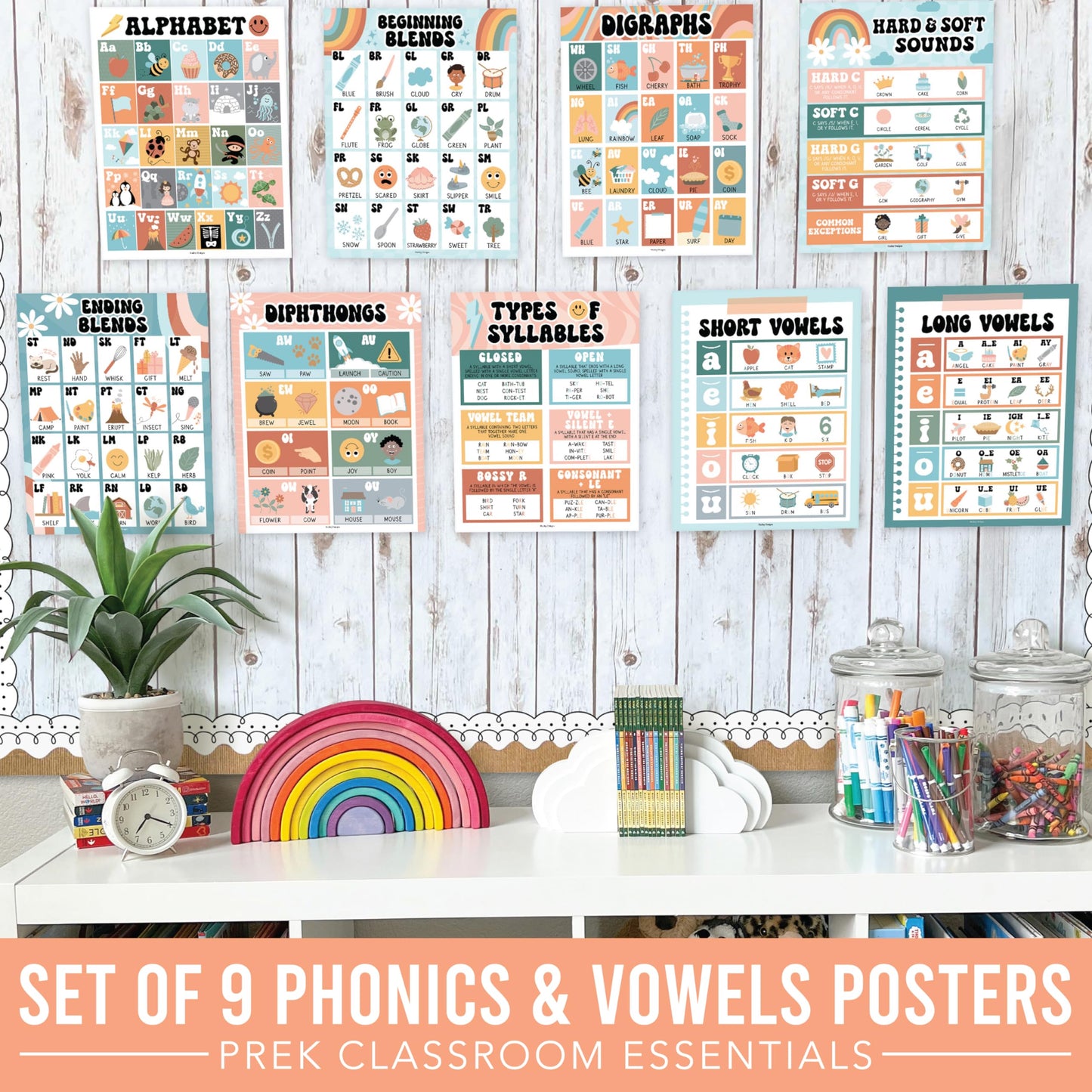 Hadley Designs Phonics Posters for Classroom Must Haves - 9 Sound Wall for Kindergarten & Elementary Teacher Supplies, Syllable, Vowels, Digraphs & Blends Bulletin Board Set, Retro Classrom Decor