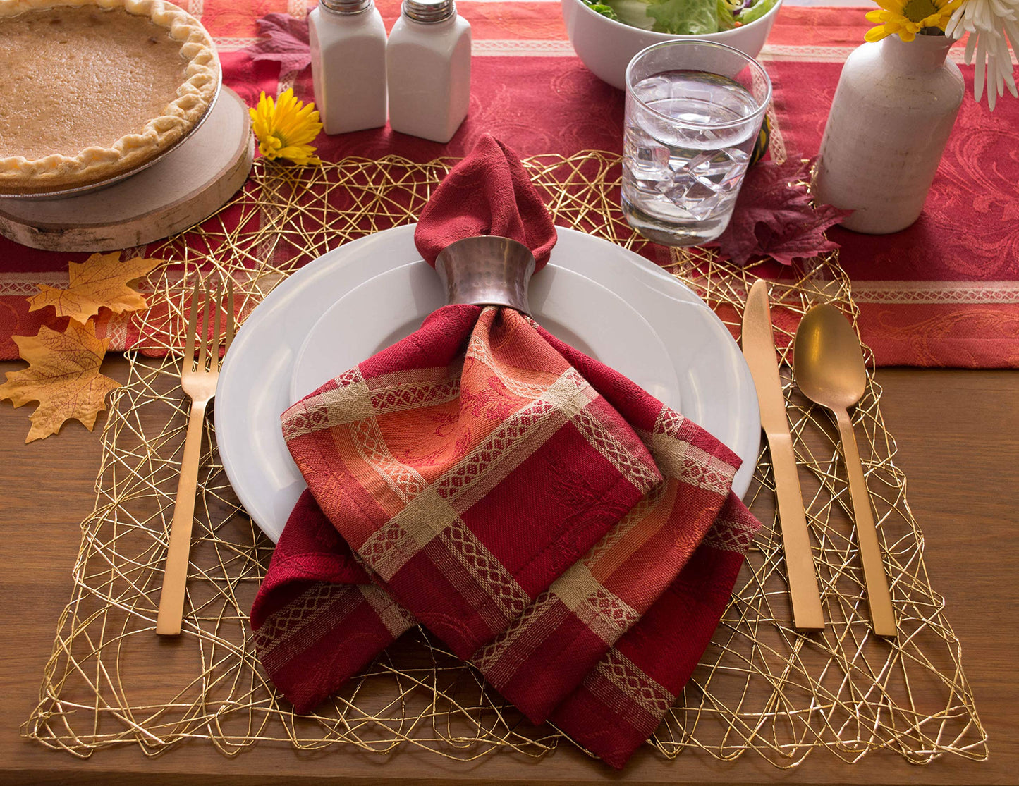 DII Traditional Harvest Wheat Jacquard Collection Thanksgiving Fall Table Décor Damask Cotton, Square Napkin Set, 20x20, Burnt Orange Pumpkin Vine, 6 Piece