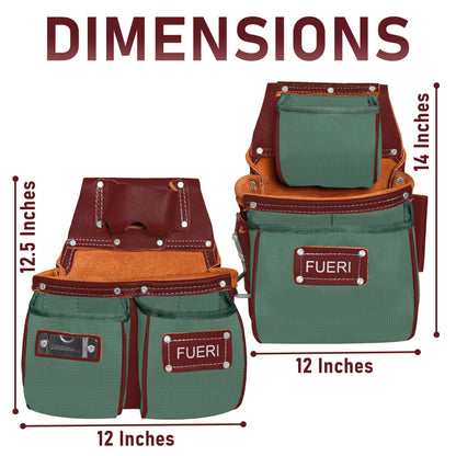 FUERI Electrician's Heavy Duty Tool Belt with Suspender, Made of Thick Leather and Durable Nylon, Comes with Adjustable Padded Tool Belt, Storage Capacity Tool Pouches, Hammer Holder, And Loops.