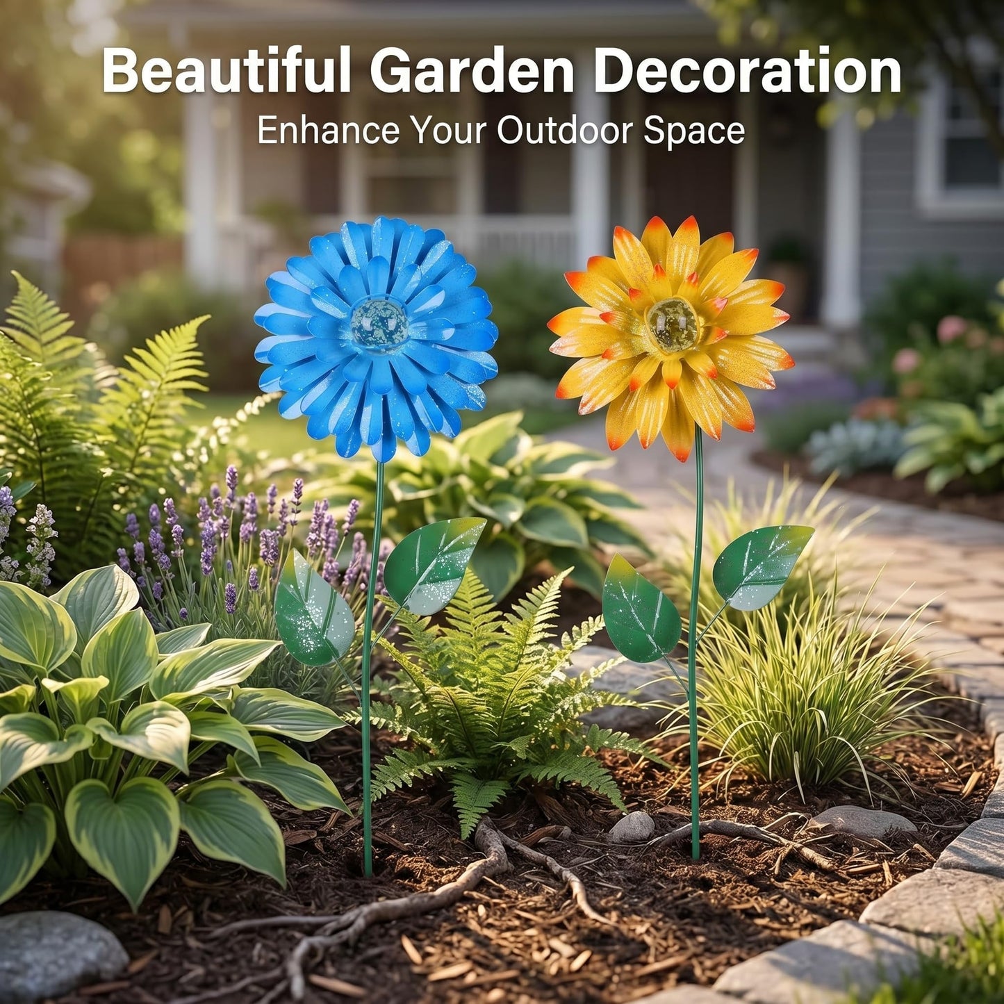 Topadorn 25 Inch Floral Garden Stake Decor,Outdoor Plant Pick Water Proof Metal Flower Stick for Lawn Yard Patio,Pathway Ornament,Set of 2