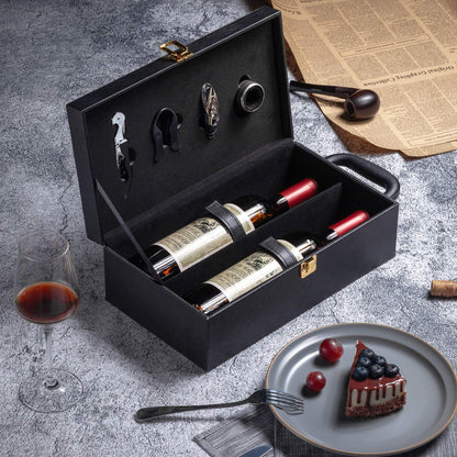 HiCrast Wine Box, 2-Bottle Leatherette Top Handle Wine Carrier Case With 4 Accessories