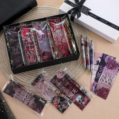 Affrolling 60 Pcs Dark Romance Bookmarks and Pens Merch Double Sided Romance Smutty Spicy Book Lover Gifts Romantasy Skeleton Page Marker Clip Gifts for Women Teachers Reading