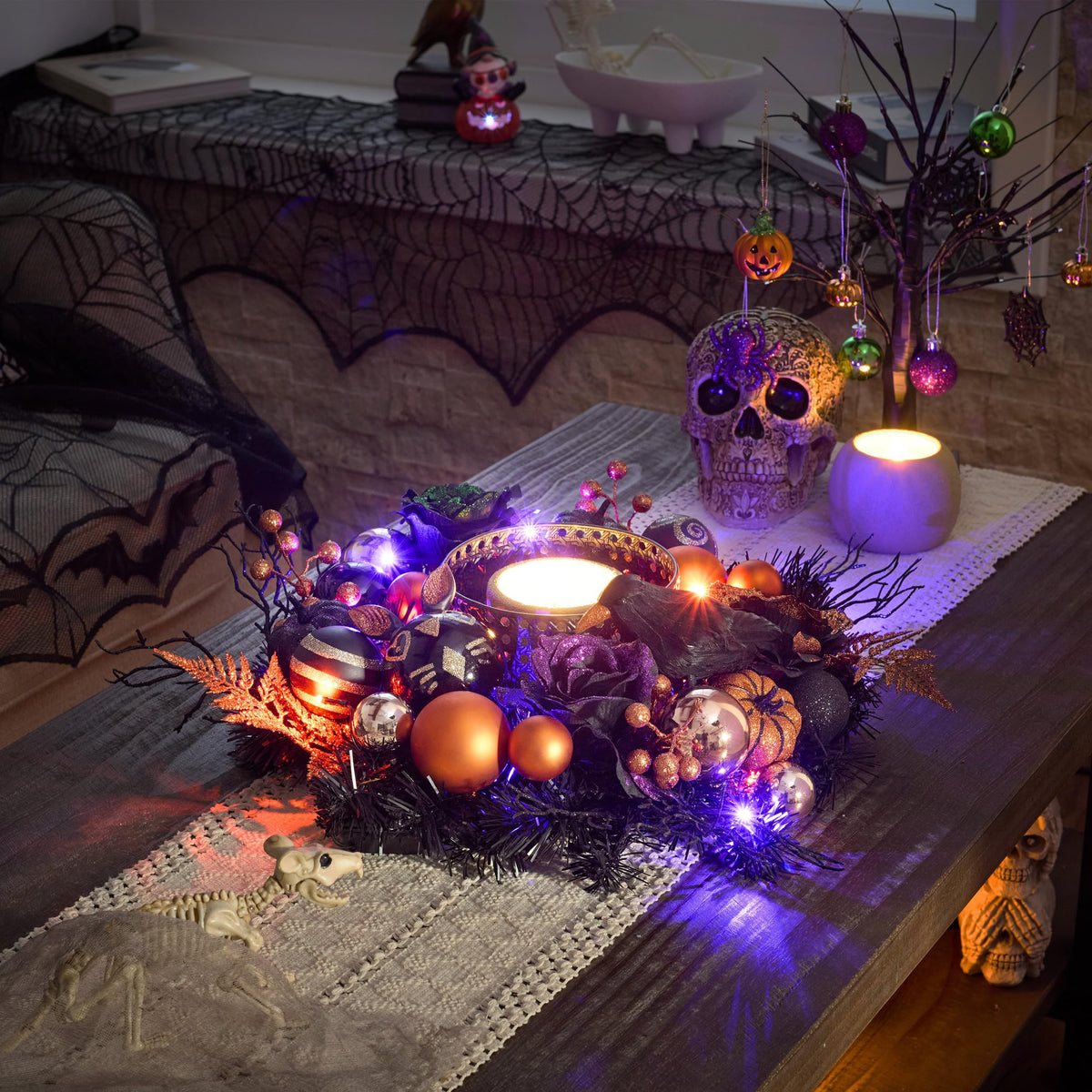 Valery Madelyn 24 Inch Halloween Wreath with Lights for Front Door, Collapsible Pre-Lit Wreath with Fake Crow Pumpkin Halloween Decorations for Home Wall Decor