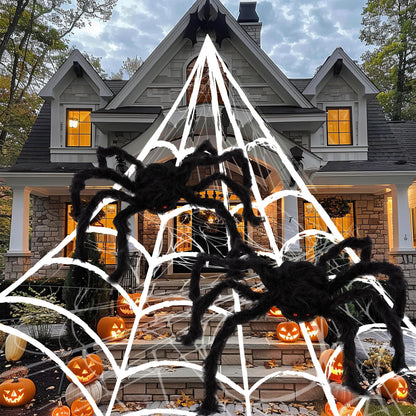 ArtCreativity Giant Spider Halloween Decorations, Includes Two 24" Spiders and a 16.4' Spider Web, Outdoor Spider Web Decoration with 2 Giant Spiders, Outdoor Halloween Decorations for Haunted House