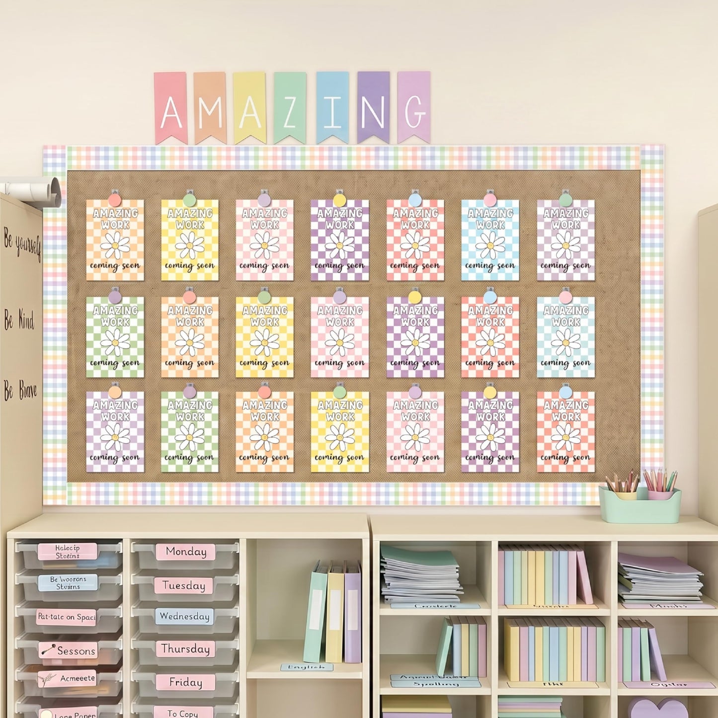 Bigerto 160 Pcs Pastel Student Work Display Bulletin Board Decoration Our Brightest Work Wow Works Cutouts with Clips Names Display Classroom Decor for Teachers Motivational Back to School Supplies