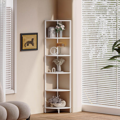 IRCPEN 6 Tier Corner Shelf 63.1" Tall Corner Shelves Stand Ladder Shelf Metal Standing Bookshelf Organizer Display Rack Bookcase Plant Stand Industrial Rustic for Living Room Bedroom White CS-001W1