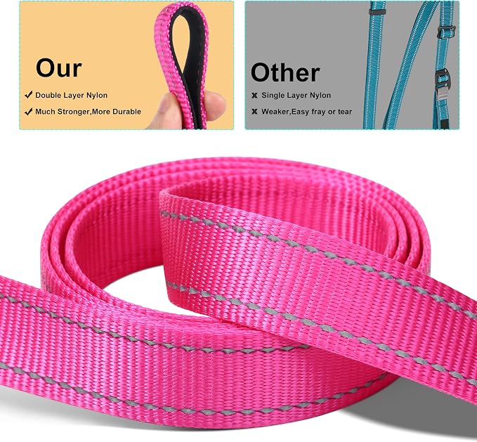 Soft Neoprene Padded Dog Collar and Leash Set for Small Medium Large Dogs, Reflective Durable Nylon Dog Collar with 5ft Leash Easy for Walking, Hot Pink,Neck fit 12.5-19.5’’