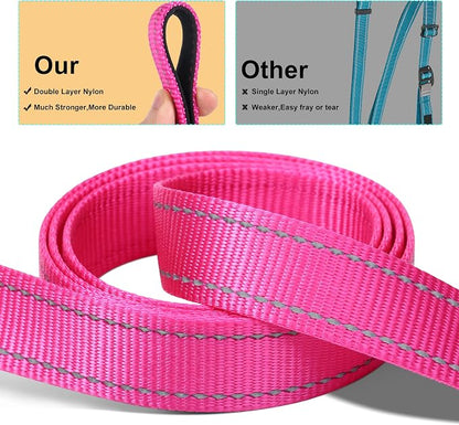 Soft Neoprene Padded Dog Collar and Leash Set for Small Medium Large Dogs, Reflective Durable Nylon Dog Collar with 5ft Leash Easy for Walking, Hot Pink,Neck fit 12.5-19.5’’