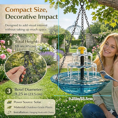 Solar Powered Hanging Bird Bath, Vibrant Blue Multi-Tier Waterfall Fountain for Outside, Easy to Hang Bird Oasis for Garden Decoration, Balcony, for Bird Lovers (Blue)