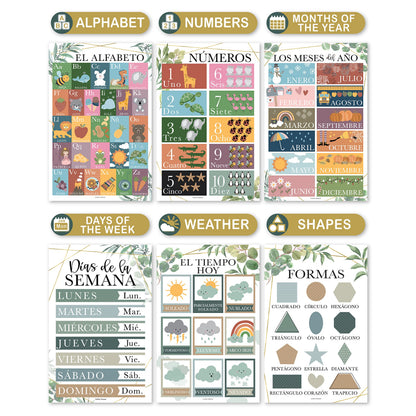 Hadley Designs Spanish Posters for Classroom - 12 Bilingual Educational Posters for Spanish Classroom Decorations Must Haves, Calendario y Alfabeto en Español Para la Pared, Greenery Teacher Supplies