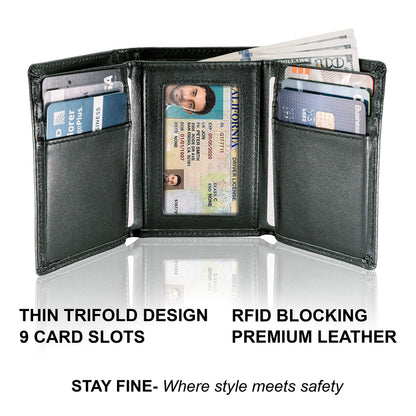 Top Grain Leather Trifold Wallet for Men | RFID Blocking | Ultra Strong Stitching | Extra Capacity Trifold Wallet | Thin and Sophisticated Tri-Fold Design