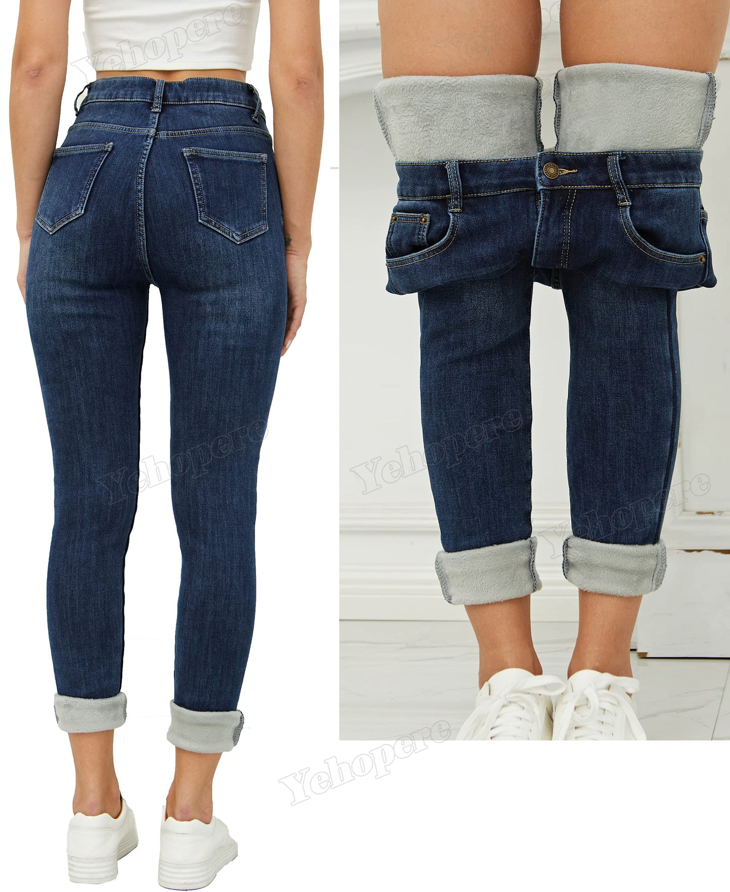 Yehopere Women's Winter Fleece Lined Jeans Slim Fit Warm Skinny High Waist Denim Jeans