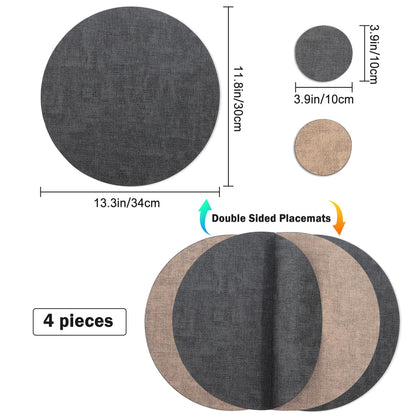 Cloth Leather Round Placemats, Gray and Beige Double-Sided Heat-Resistant Placemats and Coasters Set of 4, Small Placemat for Dessert Plate Easy to Clean for Dining