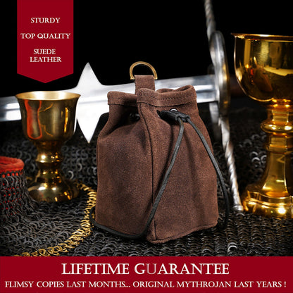 Medieval Drawstring Belt Pouch Medeival Suede Leather Bag Renaissance Waist Purse LARP Cosplay Costume Accessories Jewelry Coin Pouch - Chocolate Brown, 6.5" x 4"