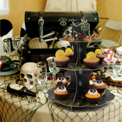 Cheerland Skull Pirate Cupcake Stand for Halloween Theme Party Decorations Cup Cake Holder Tier Stand Dessert Display Cake Serving Tray for Pirate Skeleton Spooky Birthday Cosplay Party Supplies
