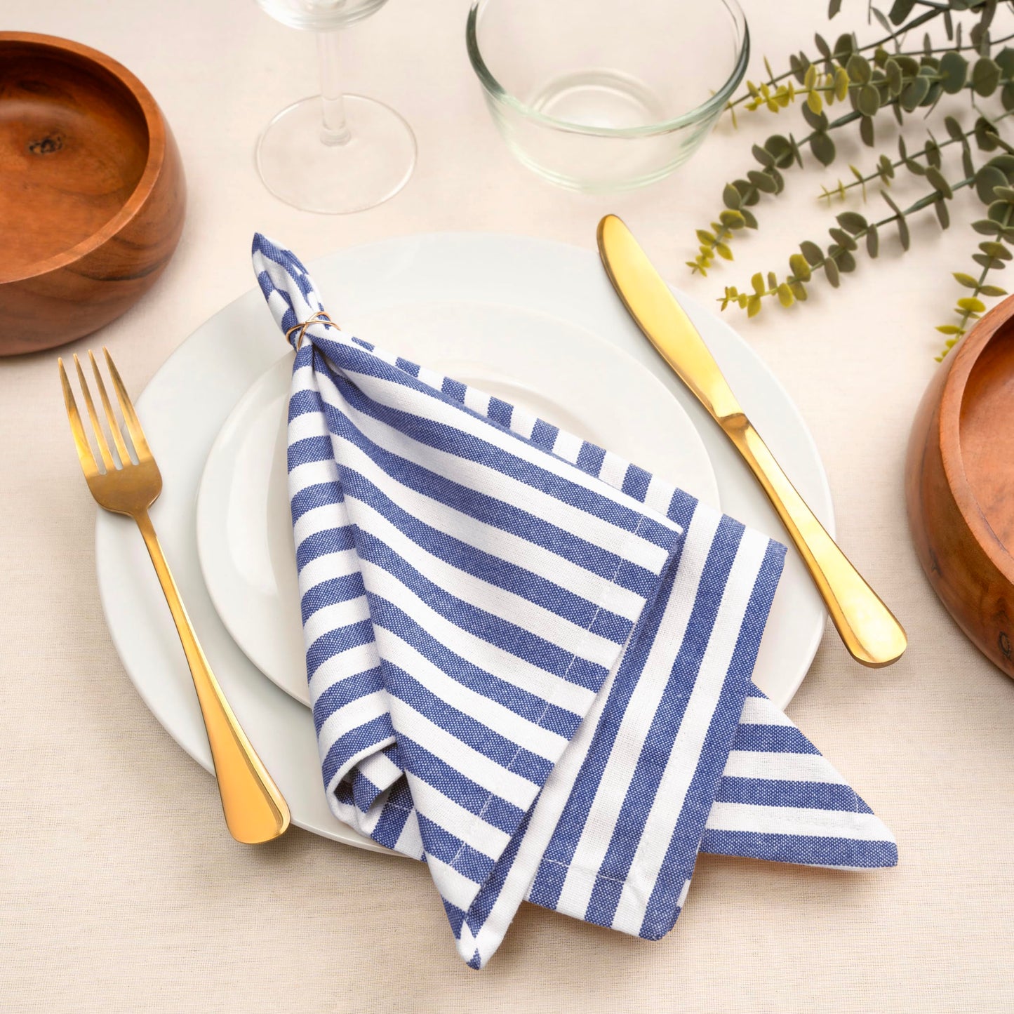 Blue Needles Set of 12 Striped Cloth Napkins 100% Cotton Dinner Table Napkins 18x18 inches, Soft, Reusable, Absorbent & Washable, Ideal for Spring Summer Easter Events & Everyday Use - Blue and White