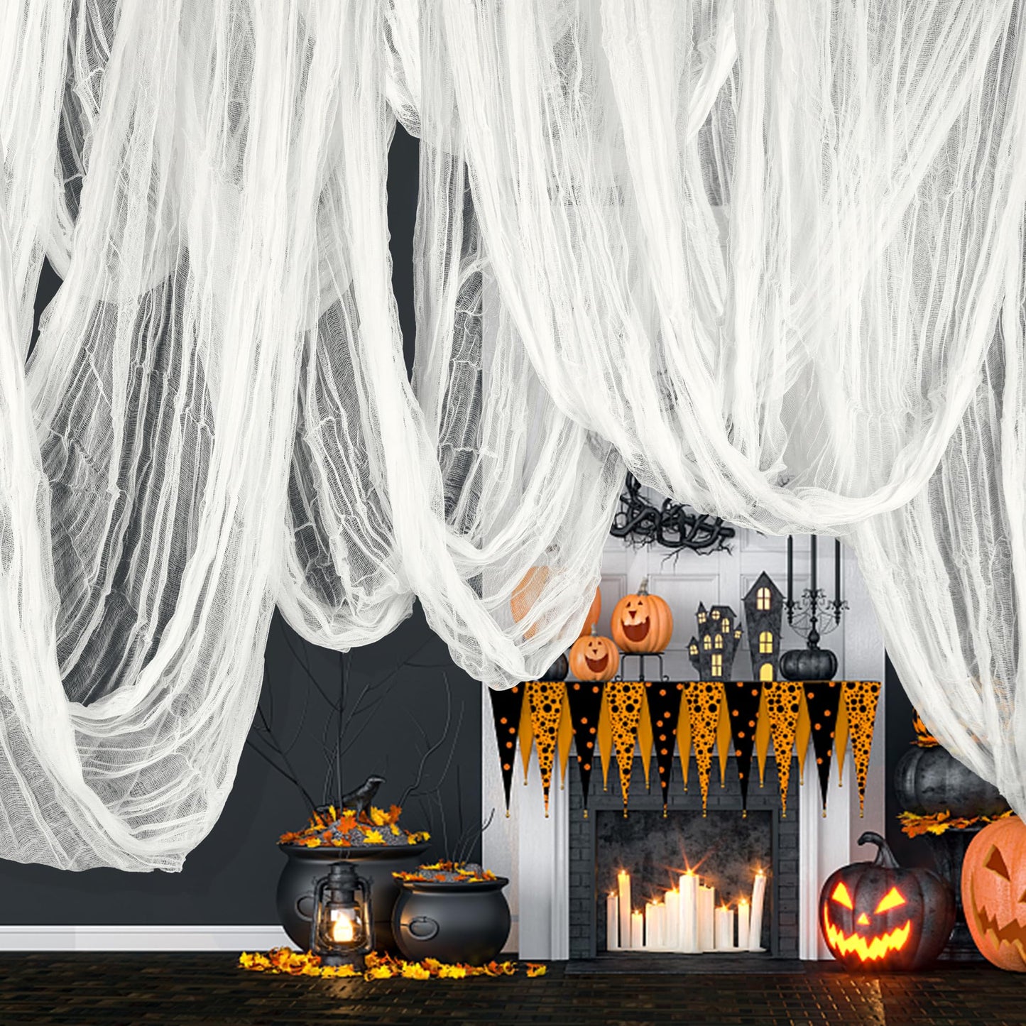 RunNico 600" x 85" Creepy Cloth - Large White Halloween Spooky Fabric Cloth - Creepy Spooky Halloween Decorations for Haunted House Window Backdrops Garden Party Yard Wall Doorway