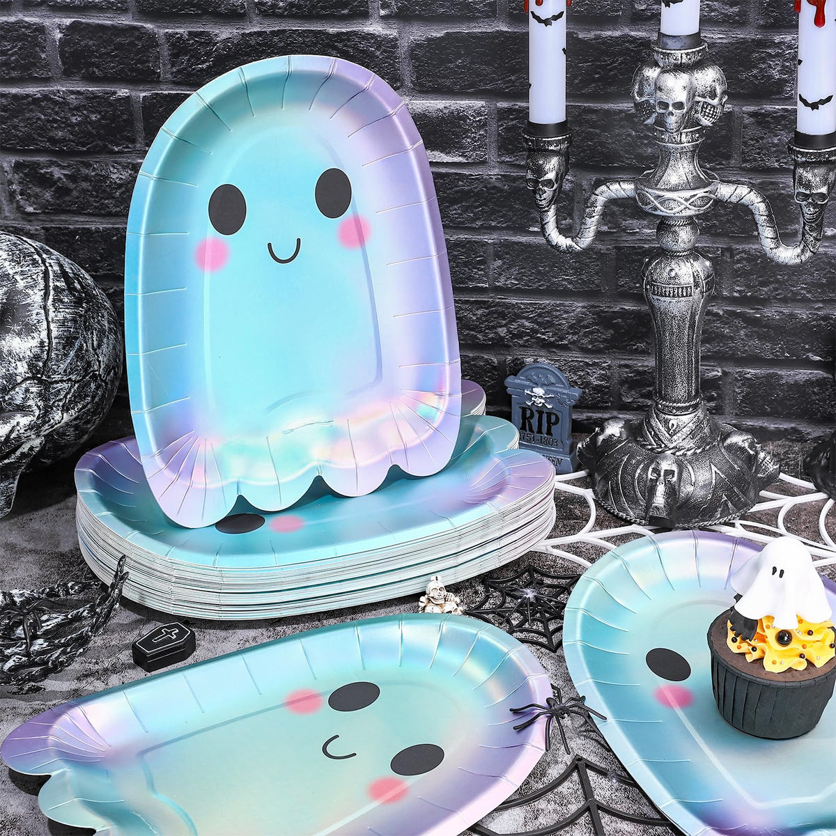 Whaline 40 Pcs Halloween Ghost Paper Plates Iridescent Cute Boo Disposable Plates Foil Ghost Halloween Party Tableware for Birthday Baby Shower Table Decor Supplies