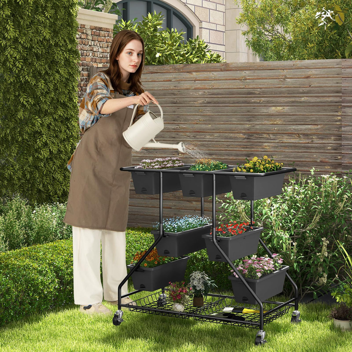 Giantex Rolling Raised Garden Bed w/ 7 Planter Boxes, Storage Baskets, Drainage Holes, 4 Lockable Casters, 3-Tier Freestanding Elevated Planter for Strawberry Vegetable Flower Herb